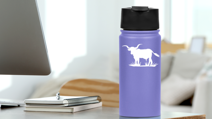Bull Standing In Tall Grass Sticker on a Water Bottle (New) example