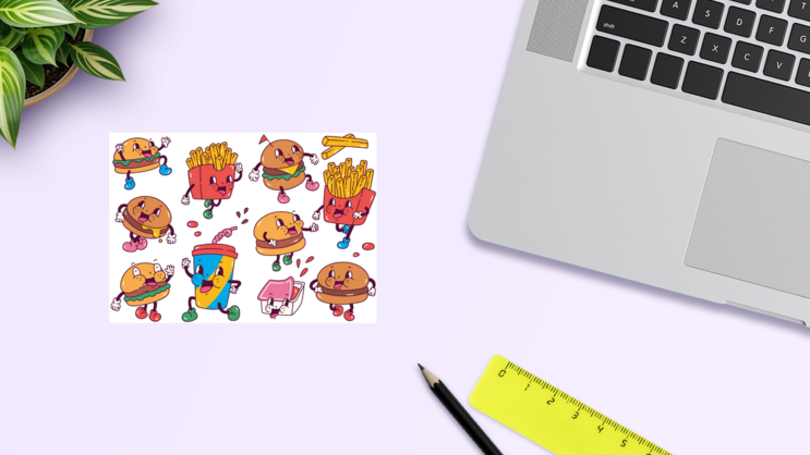 Burger And Fries Sticker Sheet on a Desk (New) example