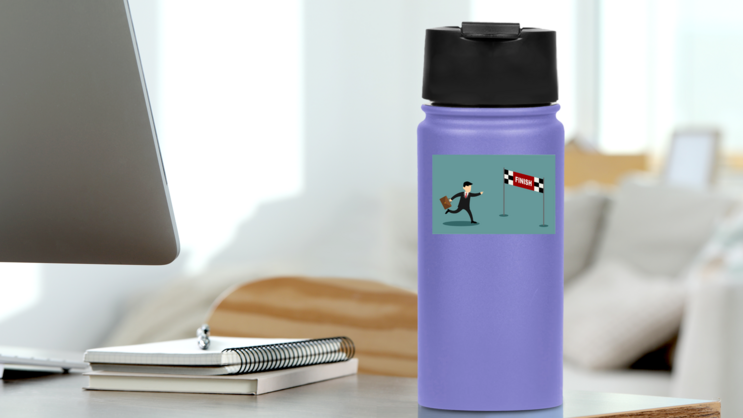 Businessman Cartoon Finish Line Sticker on a Water Bottle (New) example