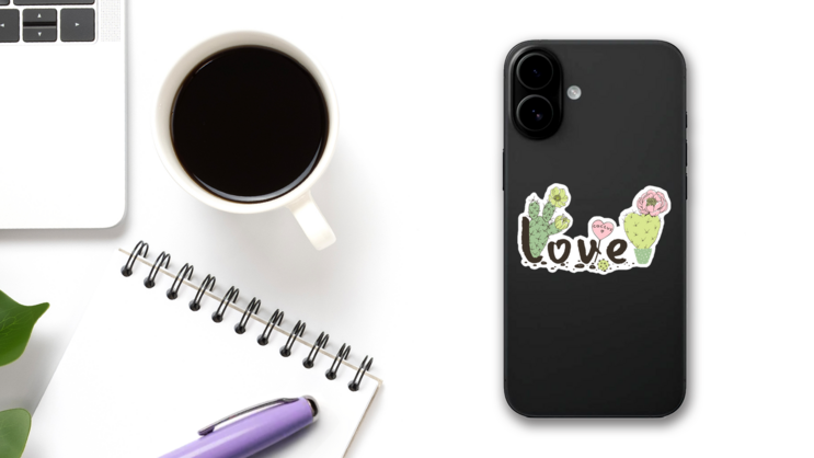 Cactus Love and Hearts Sticker on a Phone (New) example