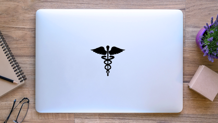 Caduceus Health Symbol Asclepiuss Wand Icon Sticker on a Laptop (New) example