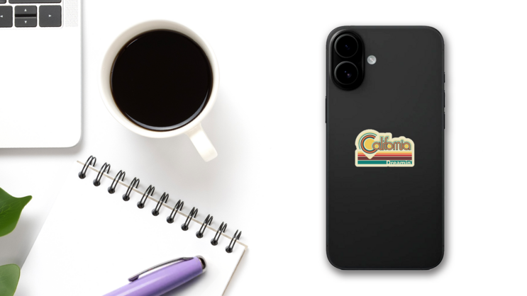 California Dreamin Retro Sticker on a Phone (New) example