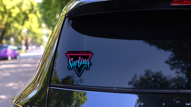 California Surfing Lettering Sticker on a Rear Car Window (New) example