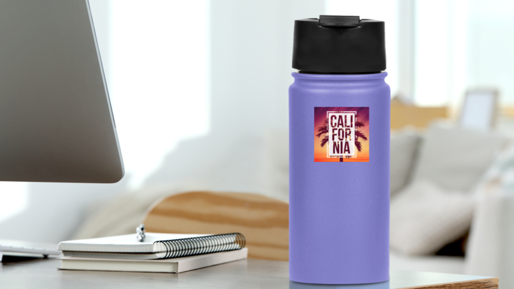 California With Palm And Frame Sticker on a Water Bottle (New) example