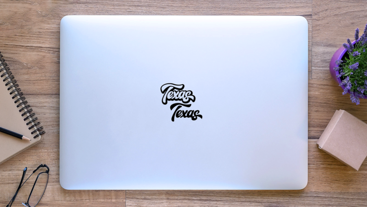 Calligraphic Inscription Of American State Texas Lettering Sticker on a Laptop (New) example