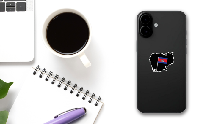 Cambodia Black Map Flag Sticker on a Phone (New) example