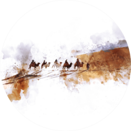 Camels And People On Silk Road,  Watercolor Illustration Sticker