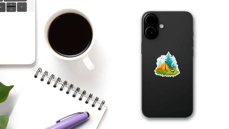 Camping With Tent And Campfire Sticker on a Phone (New) example