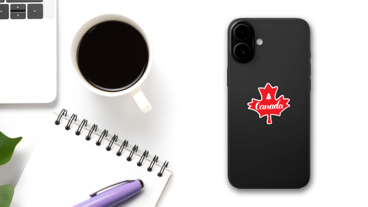 Canada Hand Drawn Maple Leaf Sticker on a Phone (New) example