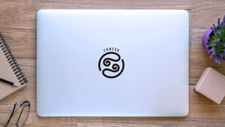 Cancer Zodiac Symbol Round Sticker on a Laptop (New) example