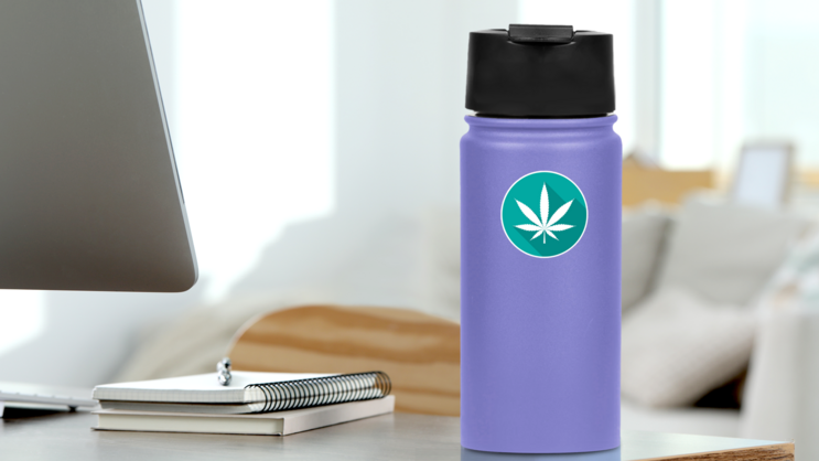 Cannabis Leaf Icon With Long Shadow Sticker on a Water Bottle (New) example