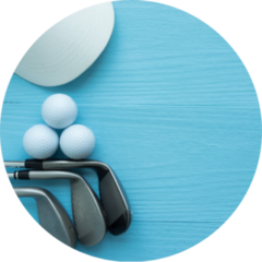 Cap, Golf Balls, Golf Clubs On Blue Wooden Table Sticker