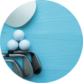 Cap, Golf Balls, Golf Clubs On Blue Wooden Table Sticker
