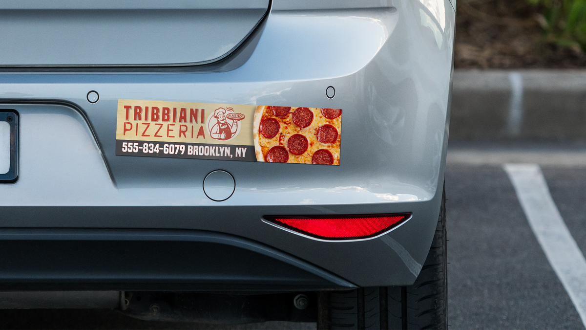 Custom Pizza Place Magnet on Car Bumper