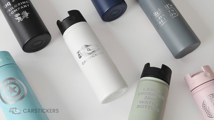 Carstickers logo engraved on a 20 oz water bottle