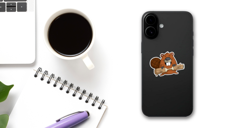 Cartoon Beaver With A Piece Of Wood Sticker on a Phone (New) example