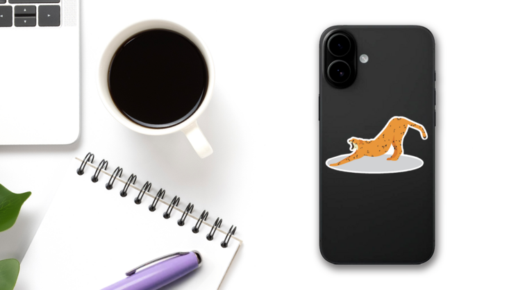 Cartoon Cheetah Stretching Back Sticker on a Phone (New) example