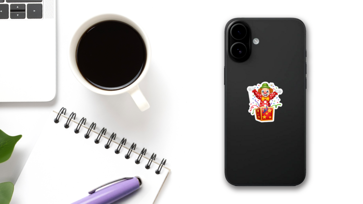 Cartoon Clown Jumping Out Of The Box Sticker on a Phone (New) example