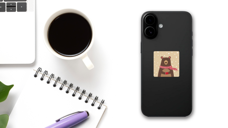 Cartoon Cute Bear Wearing Red Scarf Sticker on a Phone (New) example