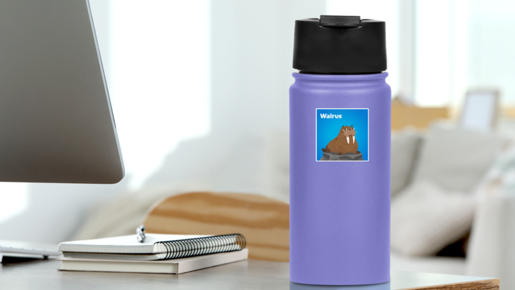 Cartoon Cute Walrus Square Sticker on a Water Bottle (New) example