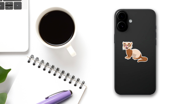 Cartoon Funny Ferret Big Eyes Sticker on a Phone (New) example
