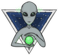 Cartoon Grey Alien Holding Green Orb Sticker
