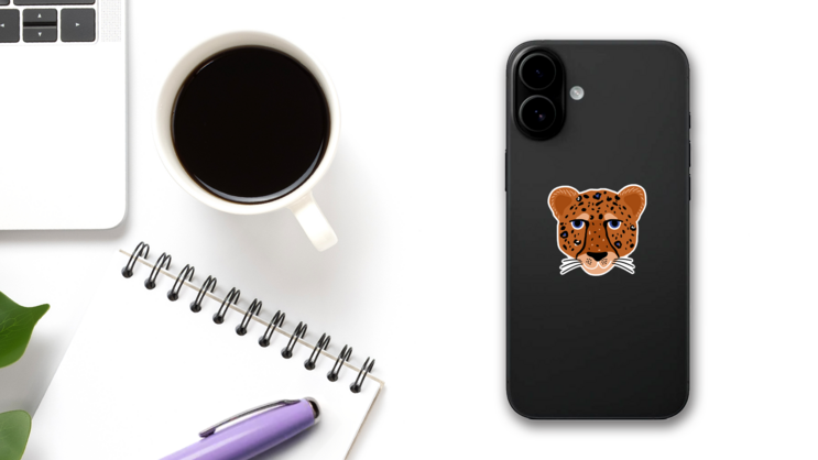 Cartoon Hand Drawn Cheetah Head Sticker on a Phone (New) example