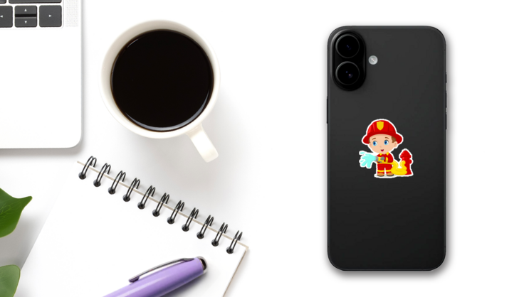 Cartoon Illustration Of A Child Firefighter Sticker on a Phone (New) example