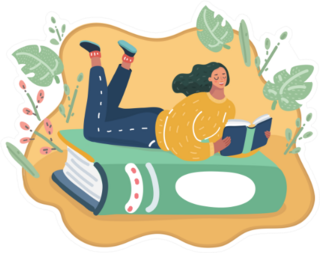 Cartoon Illustration Of A Girl Lying On Green Book Sticker