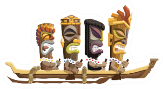 Cartoon Illustration Of A Tiki Family Paddling In A Canoe Sticker