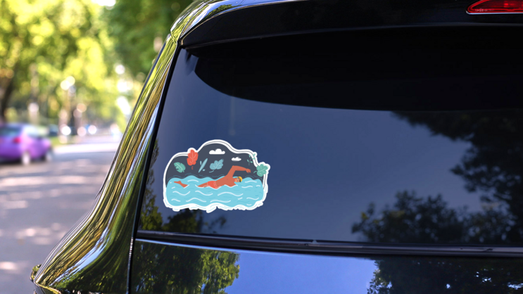 Cartoon Illustration Of Male Swimming Sticker on a Rear Car Window (New) example