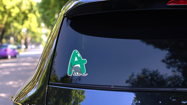 Cartoon Letter A For Aardvark Sticker on a Rear Car Window (New) example
