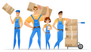 Cartoon Loaders Movers Team With Cardboard Boxes Sticker