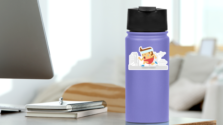 Cartoon Man Running Sticker on a Water Bottle (New) example