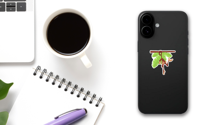 Cartoon Monkey Hanging From The Tree Sticker on a Phone (New) example