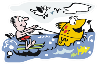 Cartoon Of Man Water Skiing With Large Fish Sticker