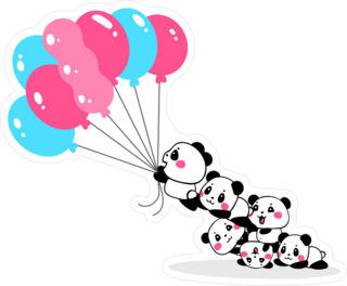 Cartoon Pandas Flying Away With Bundle Of Balloons Sticker