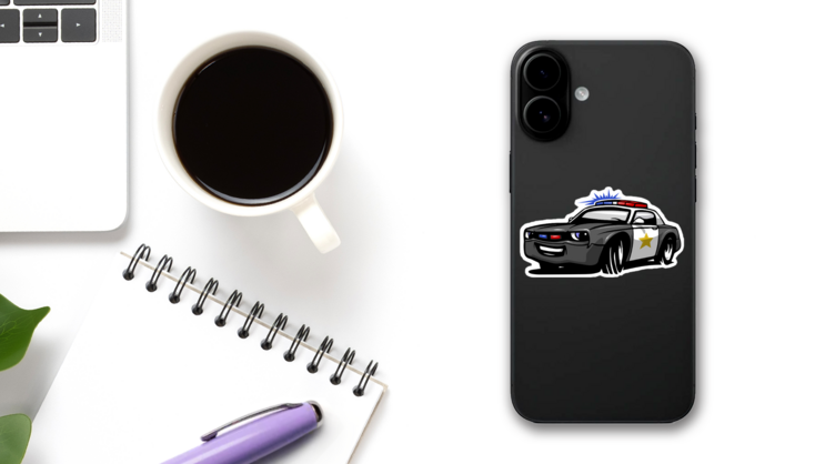 Cartoon Police Car Sticker on a Phone (New) example