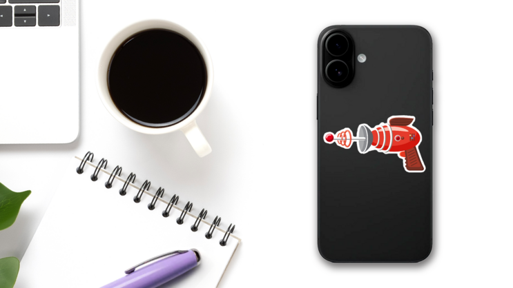 Cartoon Retro Space Blaster Pistol Sticker on a Phone (New) example