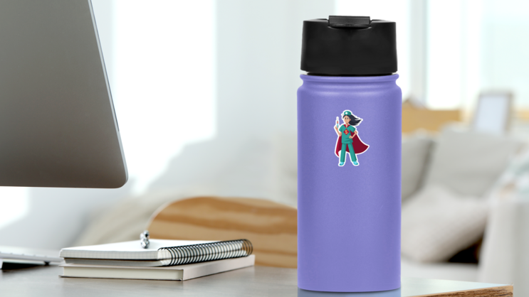 Cartoon Superhero Nurse Sticker on a Water Bottle (New) example
