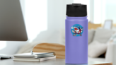 Cartoon Surfer Shark Sticker on a Water Bottle (New) example