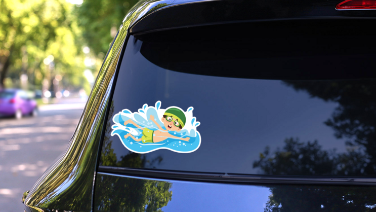 Cartoon Swimmer Sticker on a Rear Car Window (New) example