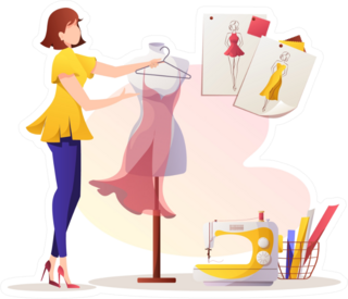 Cartoon Tailor Woman With Dress And Mannequin Sticker