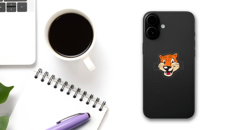 Cartoon Tiger Mascot Sticker on a Phone (New) example