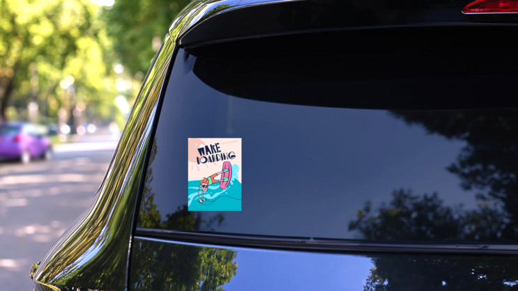 Cartoon Wake Boarding Sticker on a Rear Car Window (New) example