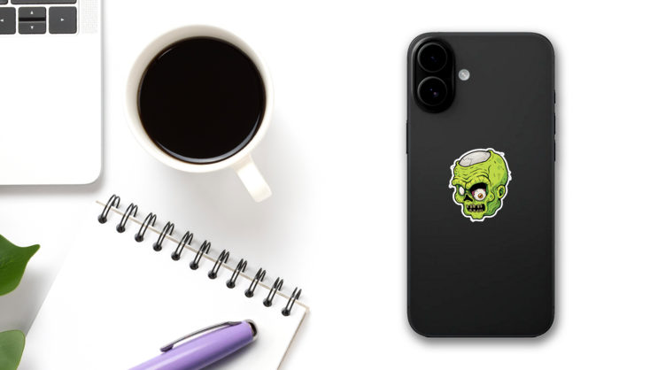 Cartoon Zombie Face With Falling Eye Sticker on a Phone (New) example