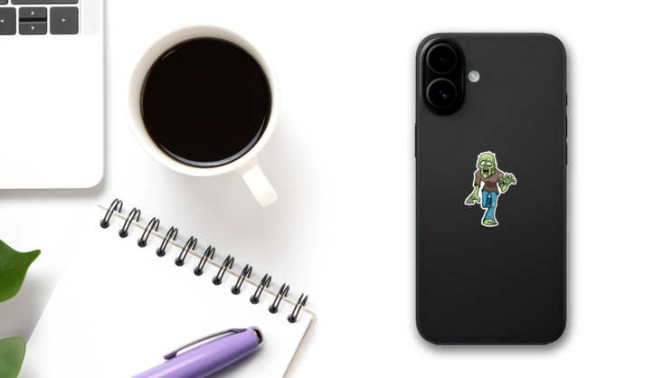 Cartoon Zombie Walking Sticker on a Phone (New) example