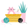 Cat Sitting In A Basket With Knitting Needles And Yarn Sticker