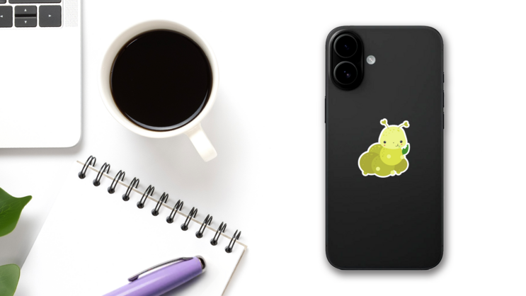 Caterpillar Heart Cute Cartoon Eats A Leaf Sticker on a Phone (New) example