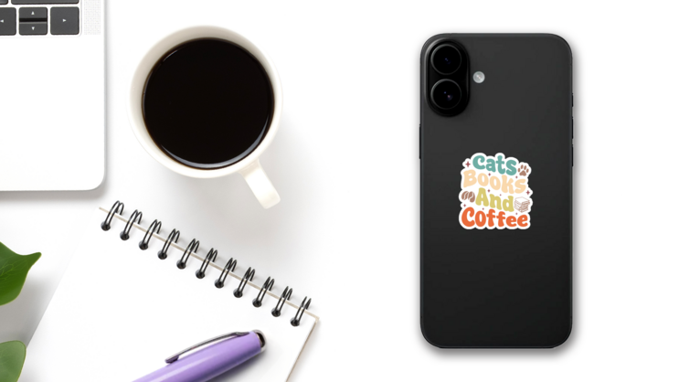Cats Books And Coffee Sticker on a Phone (New) example